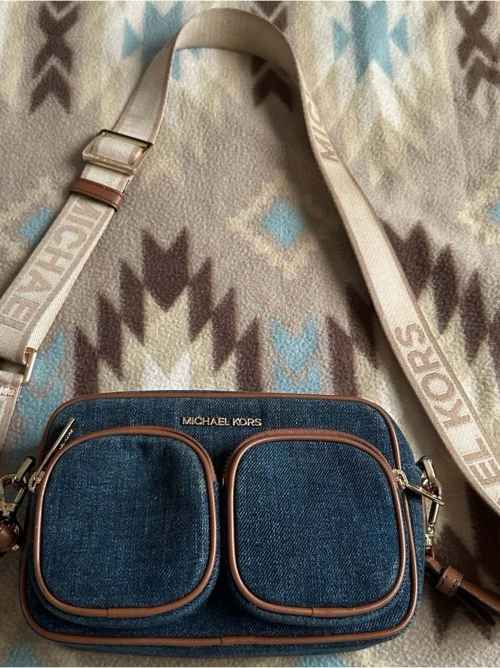 Michael Kors Denim Jet Set Crossbody Bag in Blue with Tan Trim